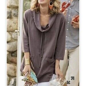 Soft Surroundings Gypsy Gauze Tunic Top Gray Cotton Cowl Neck Lagenlook Baggy